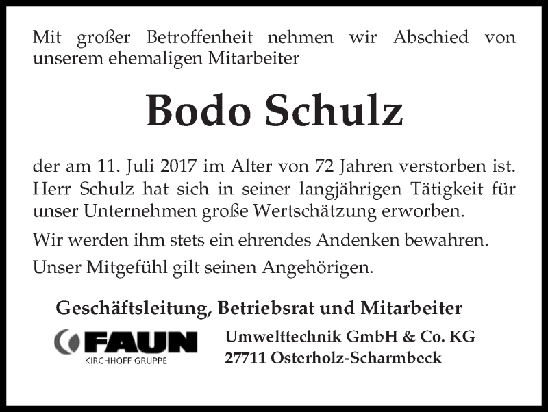 Traueranzeige von Bodo Schulz von Osterholzer Kreisblatt
