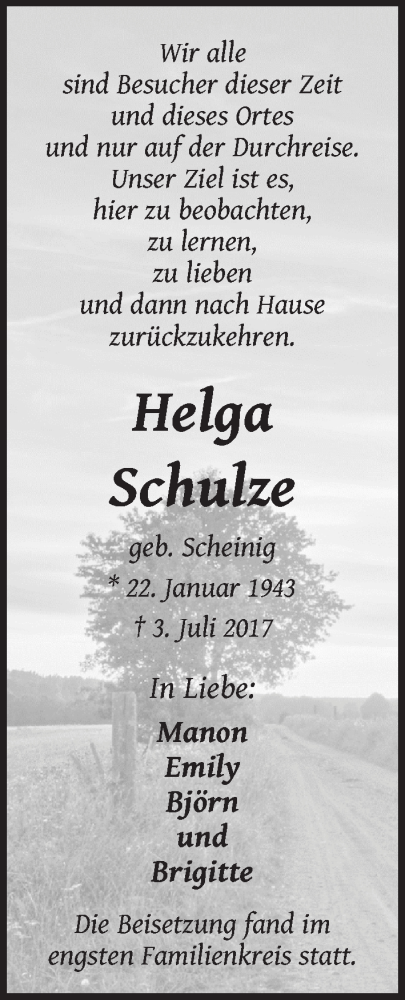 Traueranzeige von Helga Schulze von WESER-KURIER