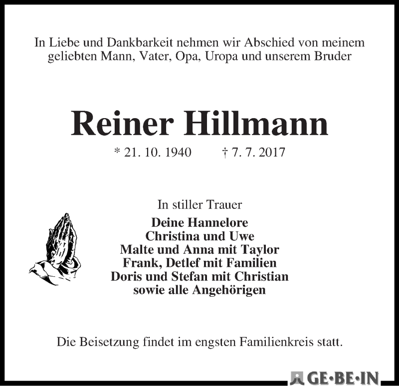 Traueranzeige von Reiner Hillmann von WESER-KURIER