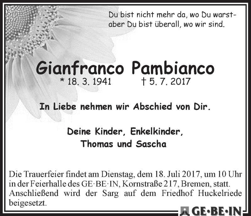 Traueranzeige von Gianfranco Pambianco von WESER-KURIER