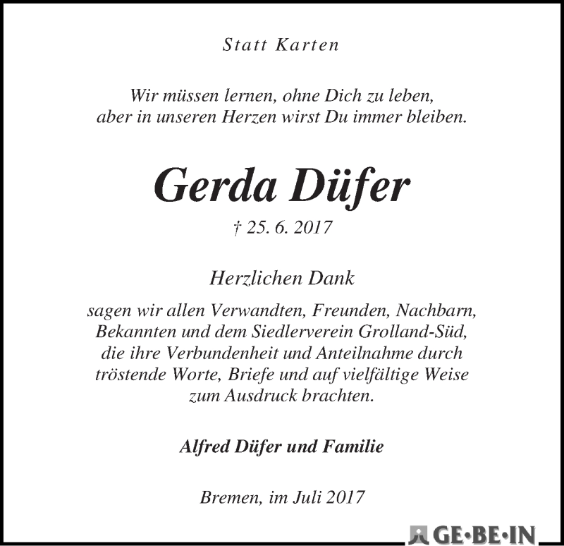 Traueranzeige von Gerda Düfer von WESER-KURIER
