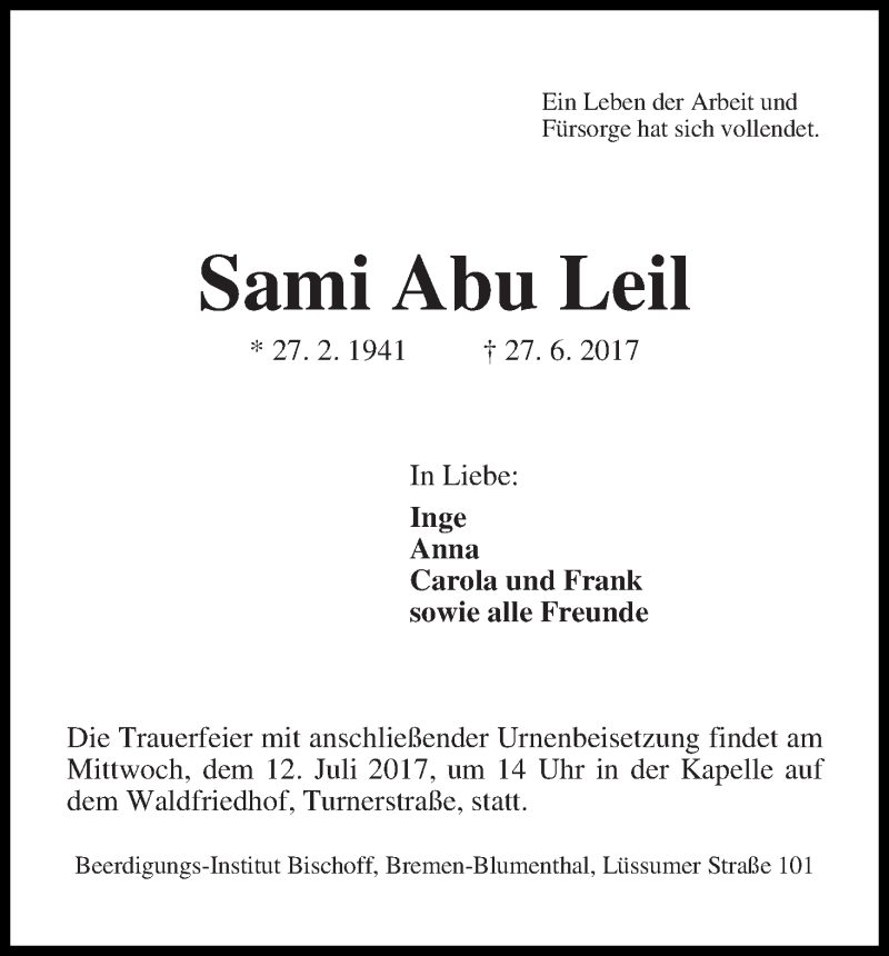 Traueranzeige von Sami Abu Leil von Die Norddeutsche