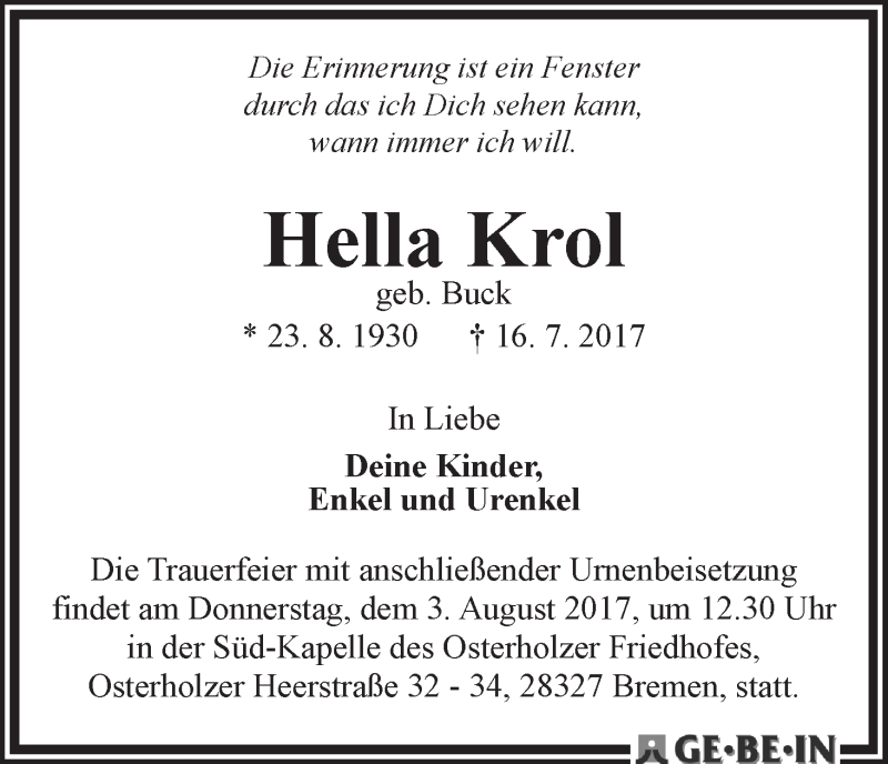 Traueranzeige von Hella Krol von WESER-KURIER