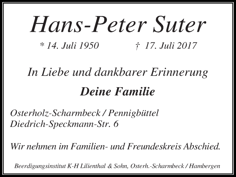 Traueranzeige von Hans-Peter Suter von Osterholzer Kreisblatt
