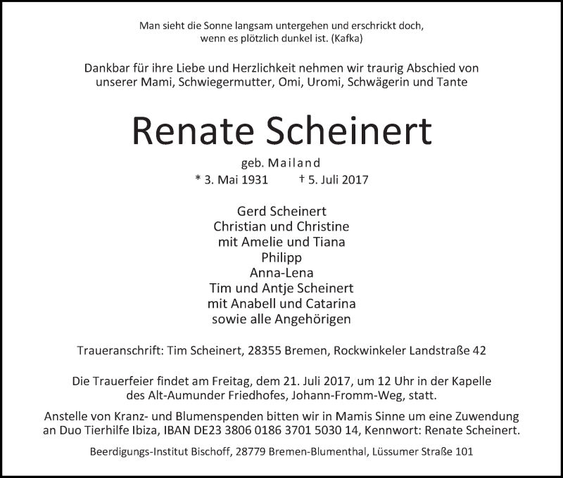 Traueranzeige von Renate Scheinert von WESER-KURIER