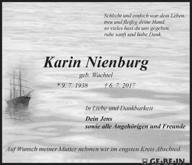 Traueranzeige von Karin Nienburg von WESER-KURIER