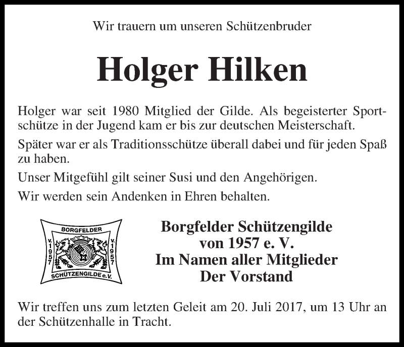 Traueranzeige von Holger Hilken von Wuemme Zeitung