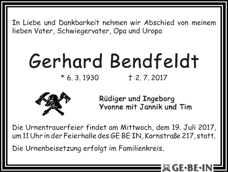 Traueranzeige von Gerhard Bendfeldt von WESER-KURIER