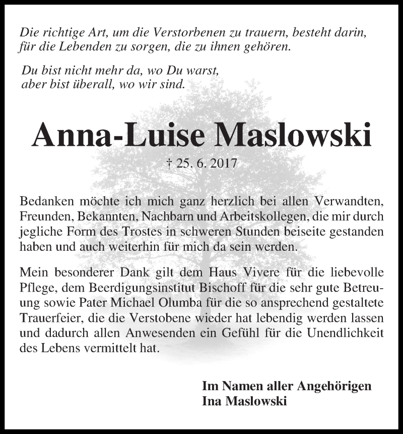 Traueranzeige von Anna-Luise Maslowski von Die Norddeutsche