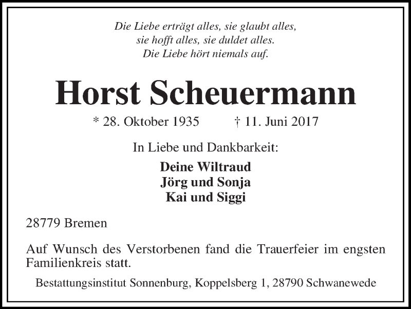 Traueranzeige von Horst Scheuermann von Die Norddeutsche