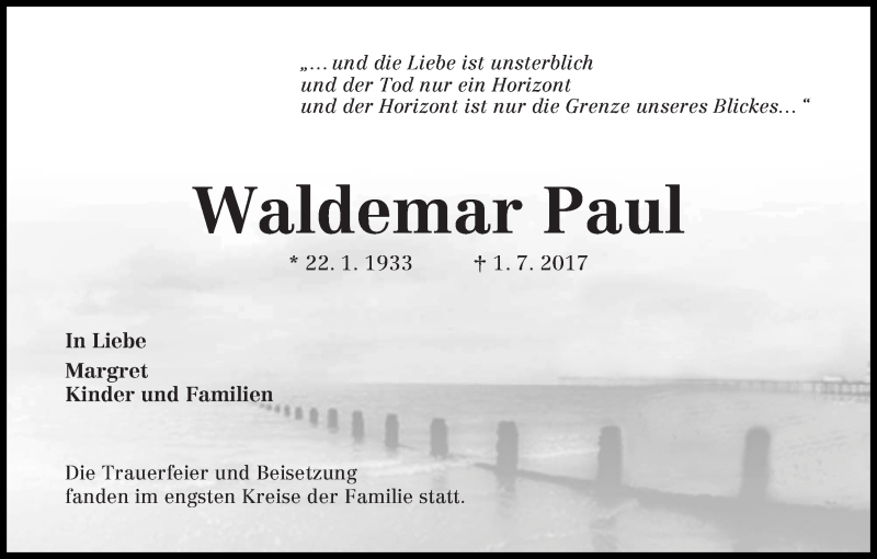 Traueranzeige von Waldemar Paul von Die Norddeutsche