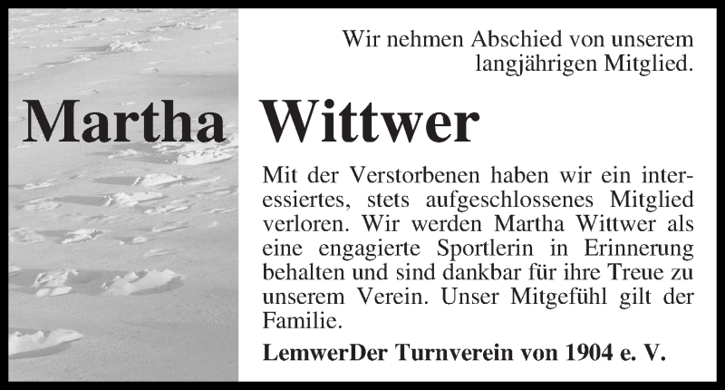 Traueranzeige von Martha Wittwer von Die Norddeutsche