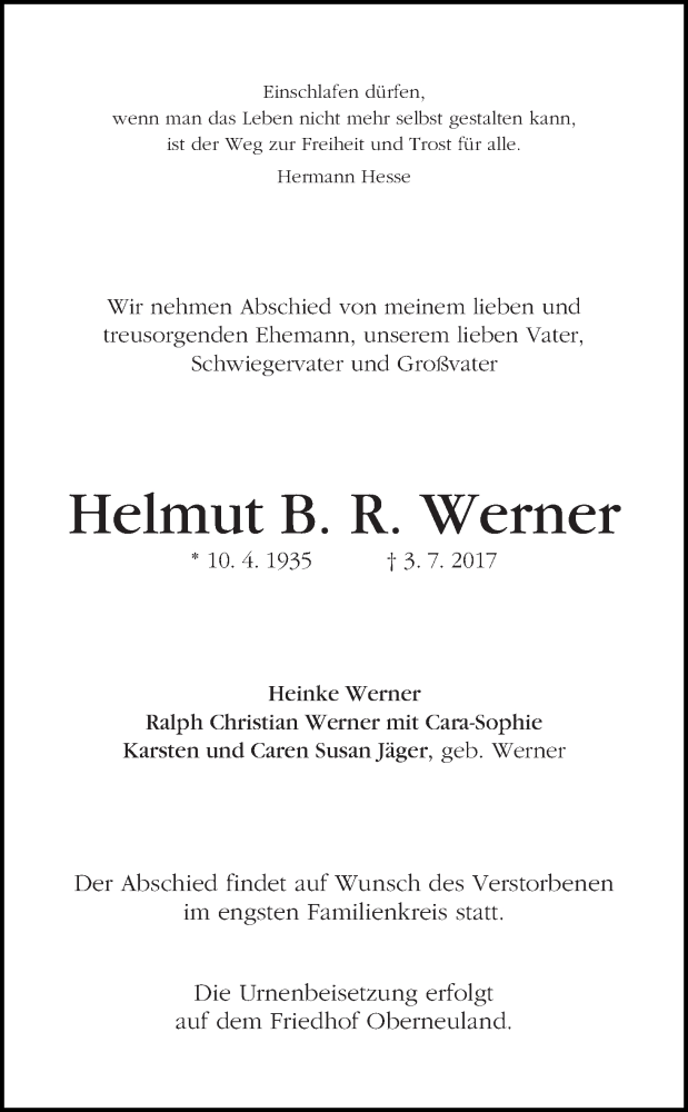 Traueranzeige von Helmut B.R. Werner von WESER-KURIER