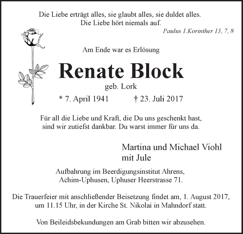 Traueranzeige von Renate Block von WESER-KURIER