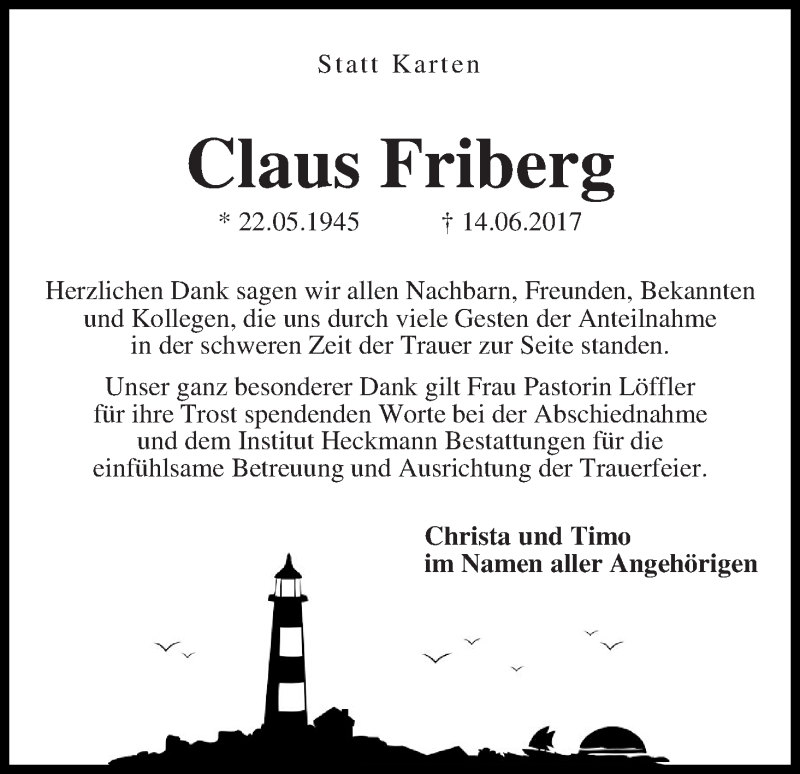 Traueranzeige von Claus Friberg von Die Norddeutsche