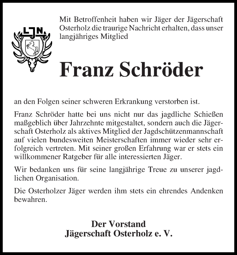 Traueranzeige von Franz Schröder von Osterholzer Kreisblatt