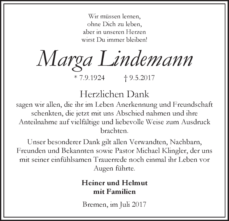 Traueranzeige von Marga Lindemann von WESER-KURIER