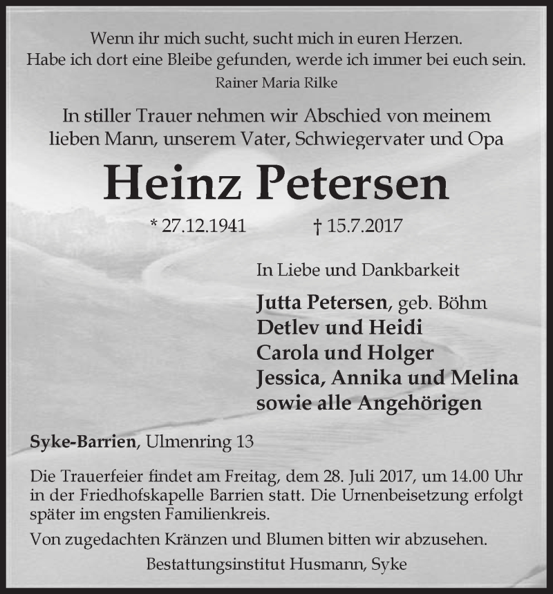Traueranzeige von Heinz Petersen von Regionale Rundschau/Syker Kurier