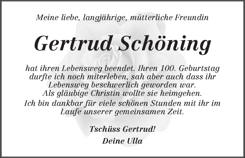 Traueranzeige von Gertrud Schöning von Wuemme Zeitung