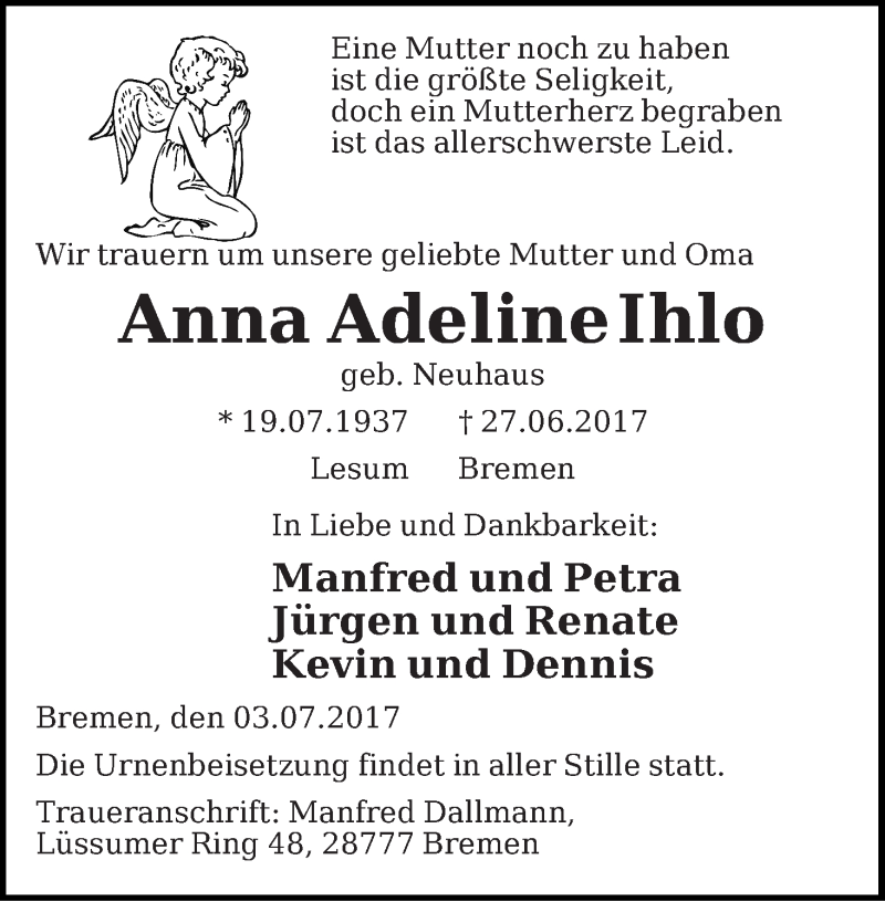 Traueranzeige von Anna Adeline Ihlo von Die Norddeutsche