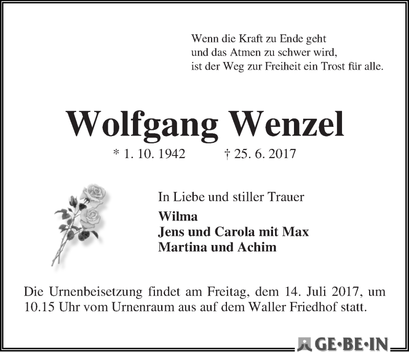 Traueranzeige von Wolfgang Wenzel von WESER-KURIER