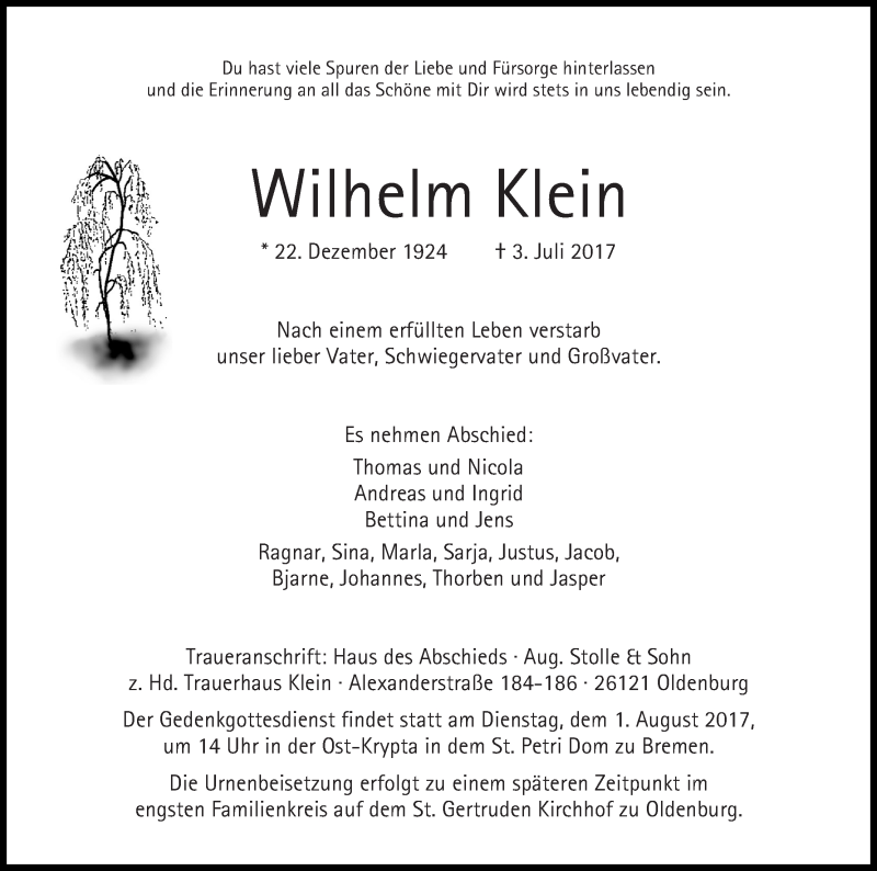 Traueranzeige von Wilhelm Klein von WESER-KURIER