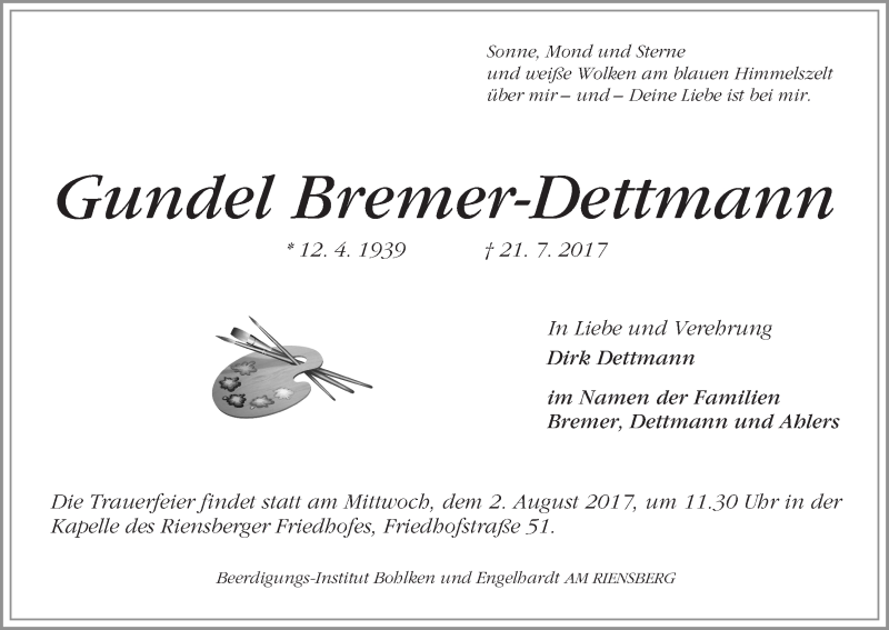 Traueranzeige von Gundel Bremer-Dettmann von WESER-KURIER