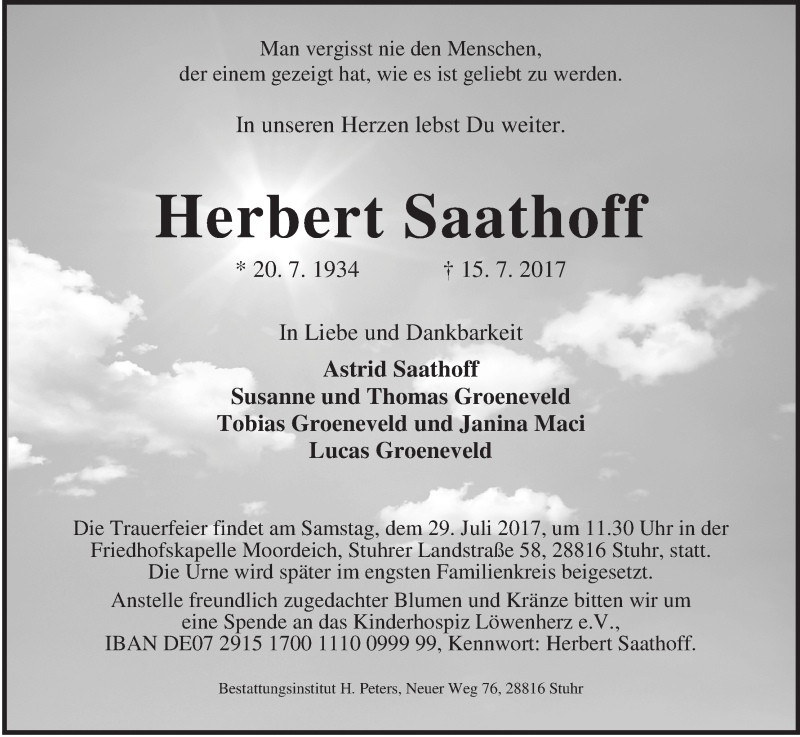 Traueranzeige von Herbert Saathoff von WESER-KURIER