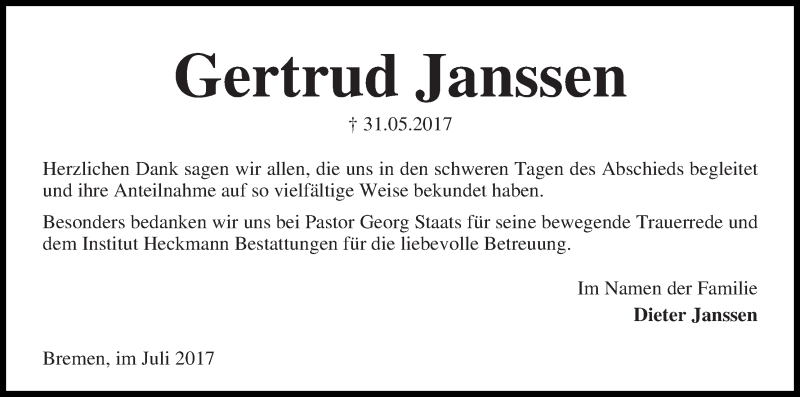 Traueranzeige von Gertrud Janssen von Die Norddeutsche