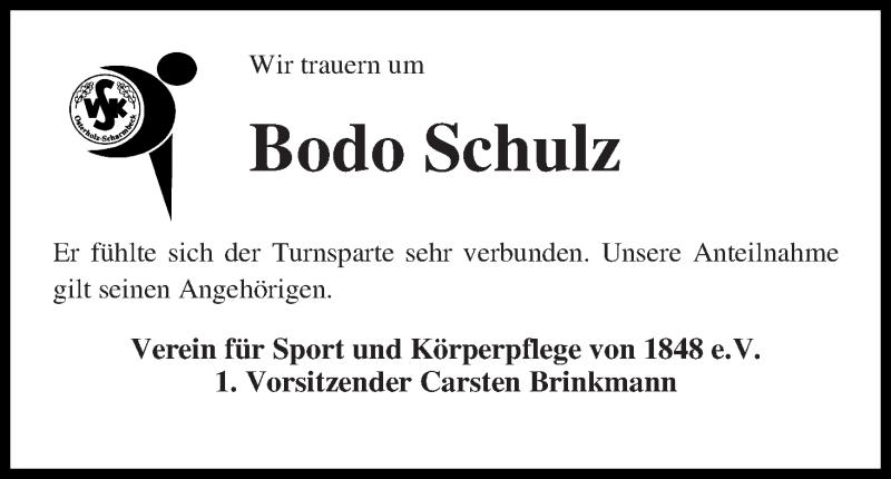 Traueranzeige von Bodo Schulz von Osterholzer Kreisblatt