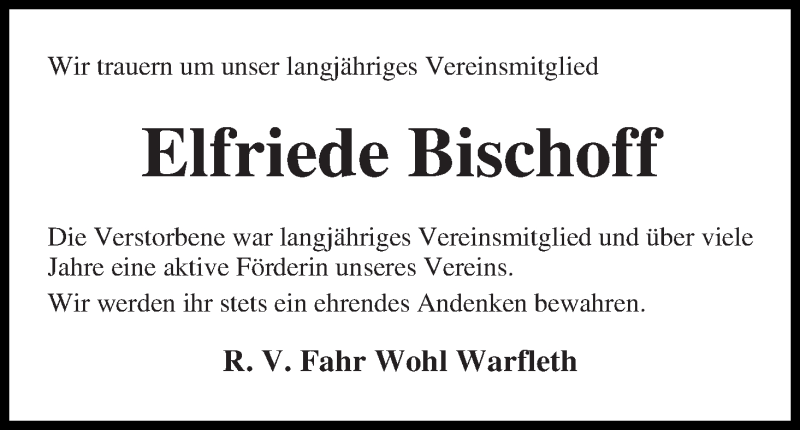Traueranzeige von Elfriede Bischoff von Die Norddeutsche