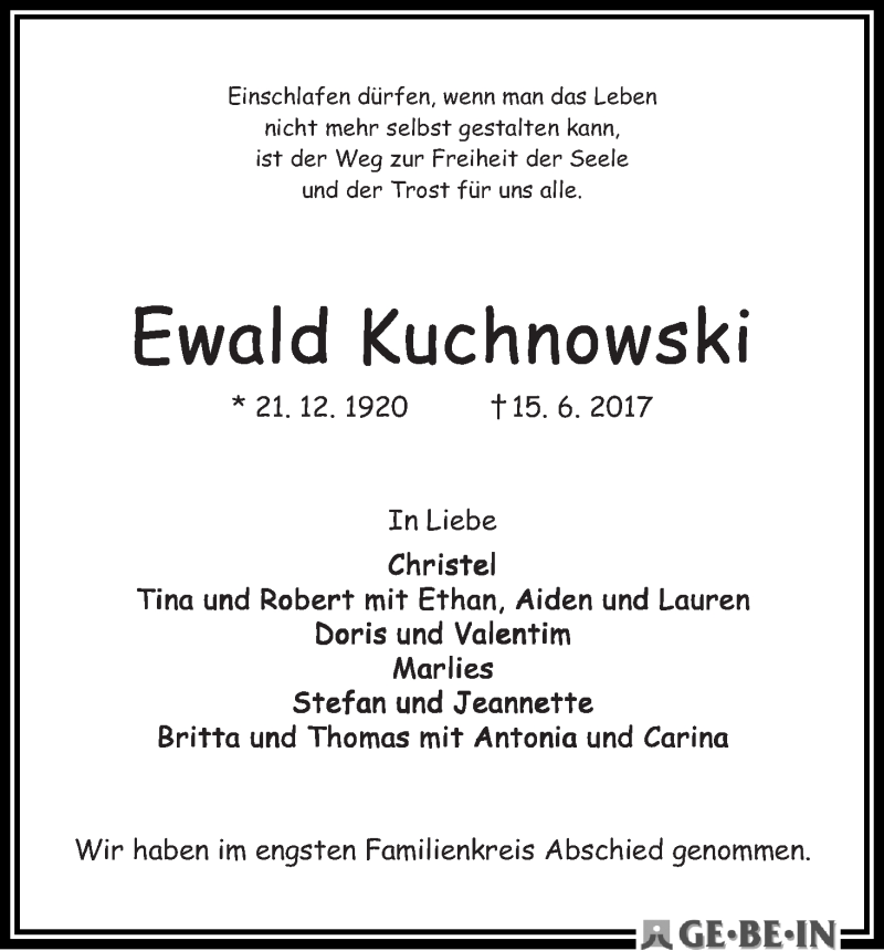Traueranzeige von Ewald Kuchnowski von WESER-KURIER