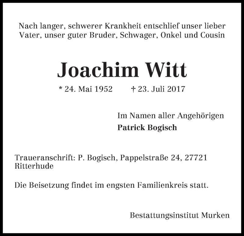 Traueranzeige von Joachim Witt von Osterholzer Kreisblatt