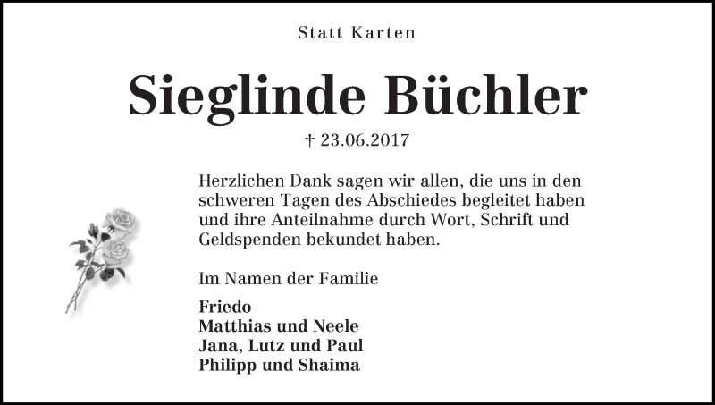 Traueranzeige von Sieglinde Büchler von Die Norddeutsche