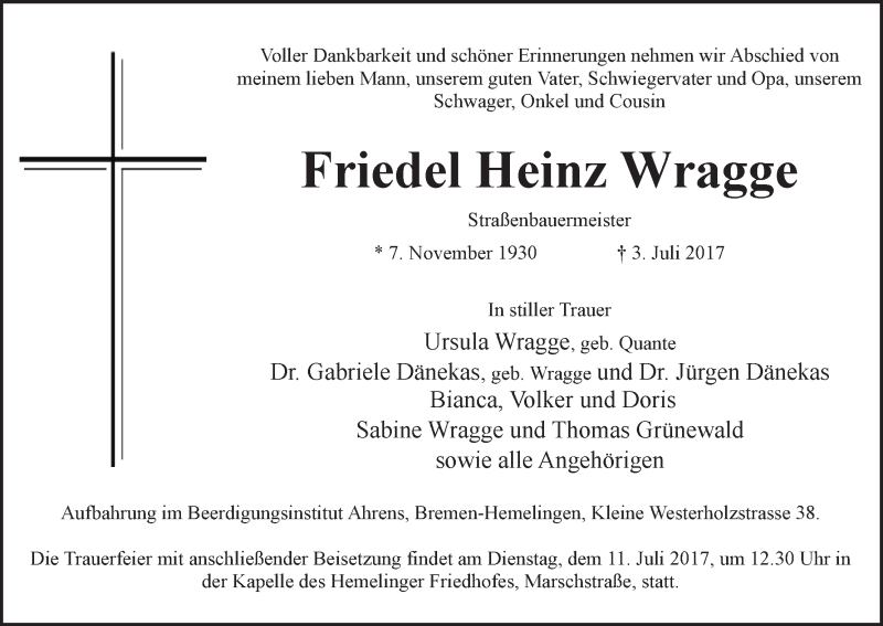 Traueranzeige von Friedel Heinz Wragge von WESER-KURIER