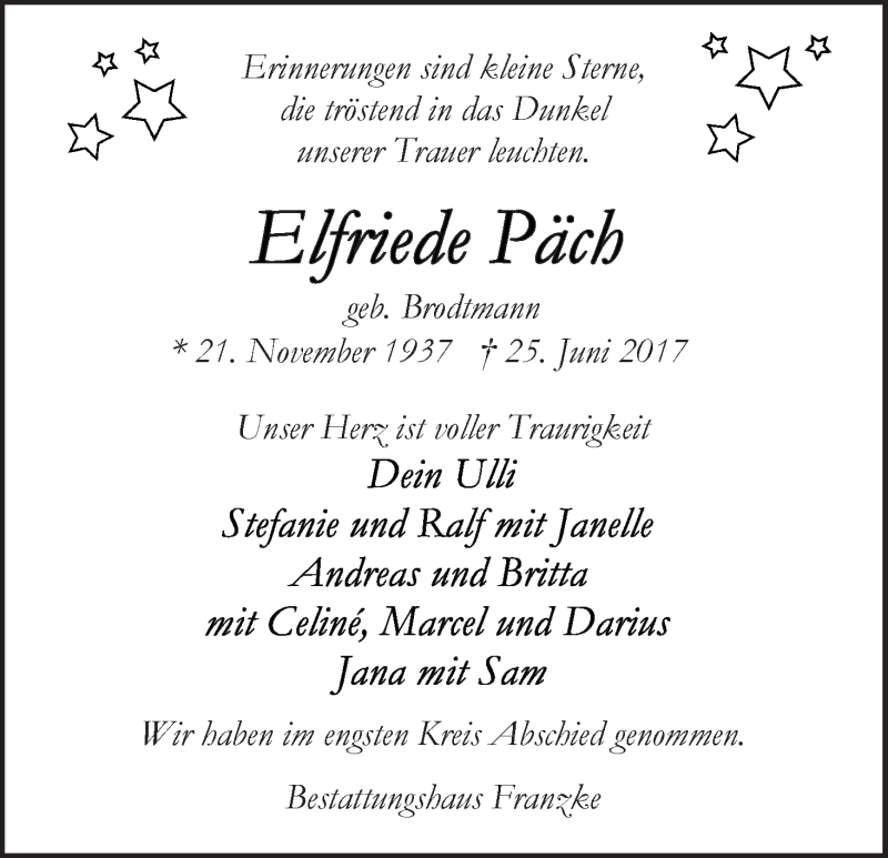 Traueranzeige von Elfriede Päch von Wuemme Zeitung