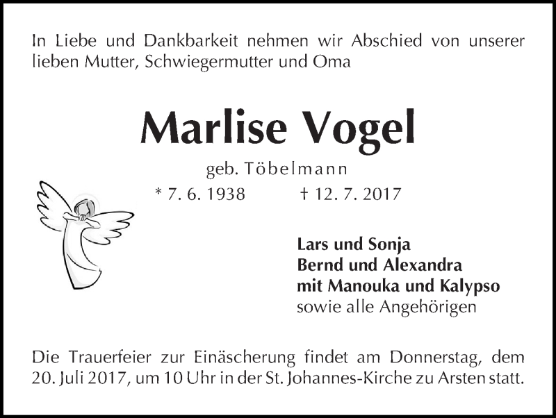 Traueranzeige von Marlise Vogel von WESER-KURIER
