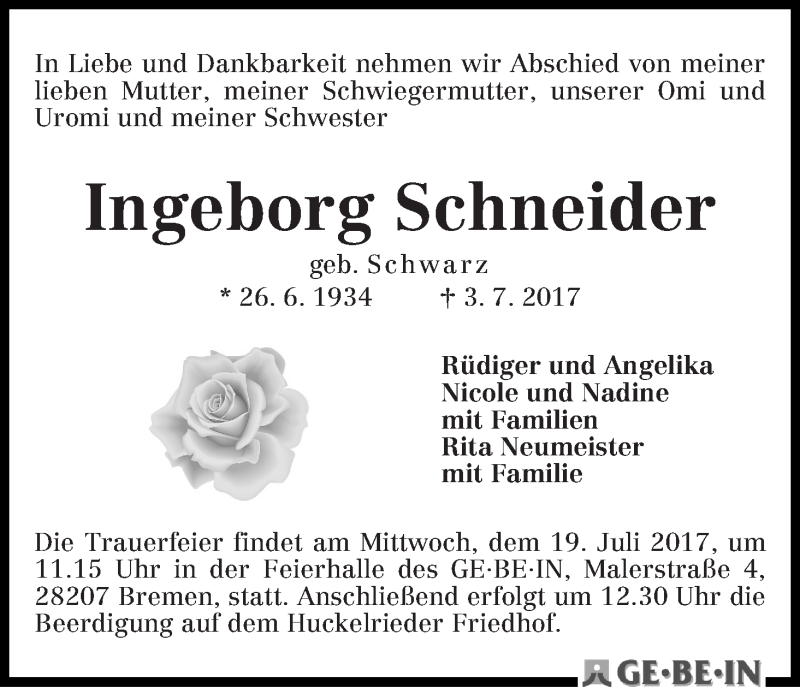 Traueranzeige von Ingeborg Schneider von WESER-KURIER