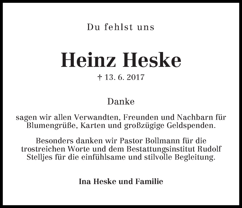 Traueranzeige von Heinz Heske von Wuemme Zeitung