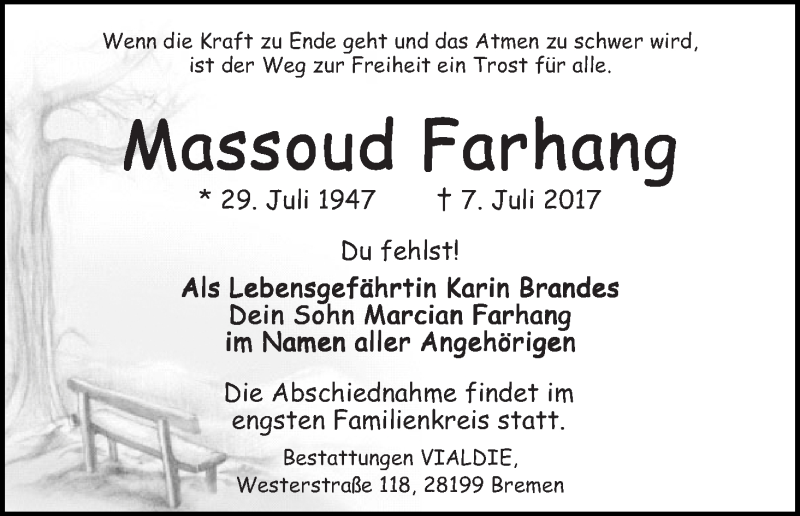 Traueranzeige von Massoud Farhang von WESER-KURIER