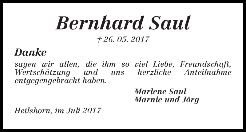 Traueranzeige von Bernhard Saul von Osterholzer Kreisblatt