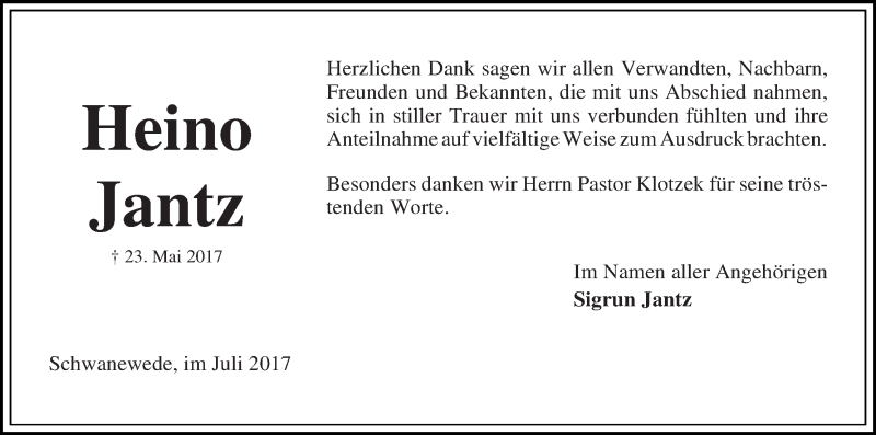 Traueranzeige von Heino Jantz von Die Norddeutsche