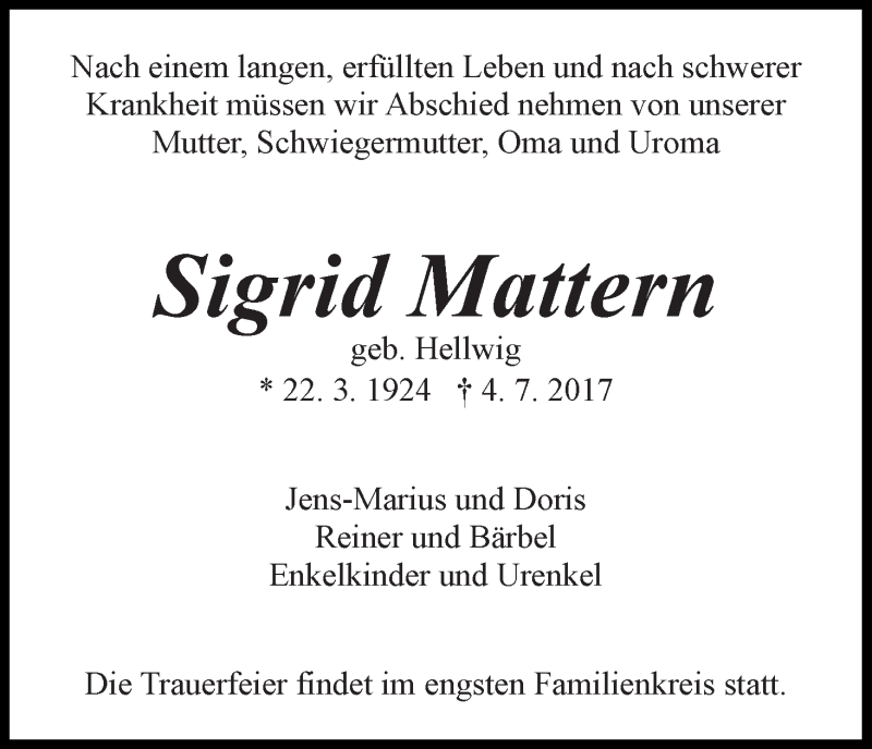 Traueranzeige von Sigrid Mattern von WESER-KURIER