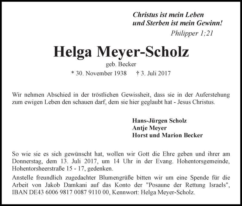 Traueranzeige von Helga Meyer-Scholz von WESER-KURIER