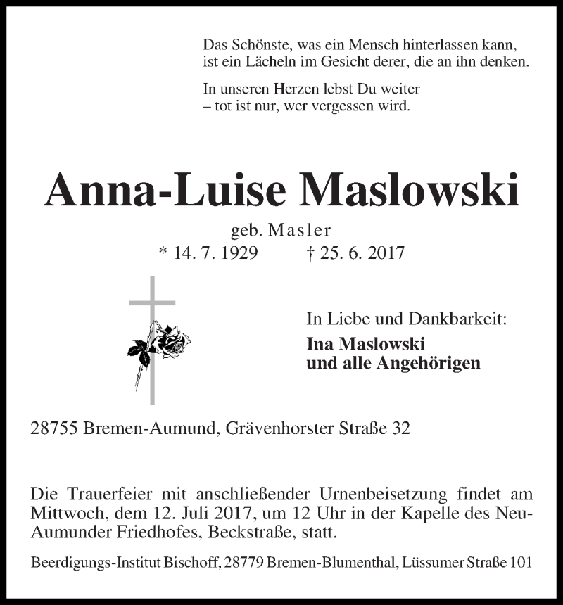 Traueranzeige von Anna-Luise Maslowski von Die Norddeutsche