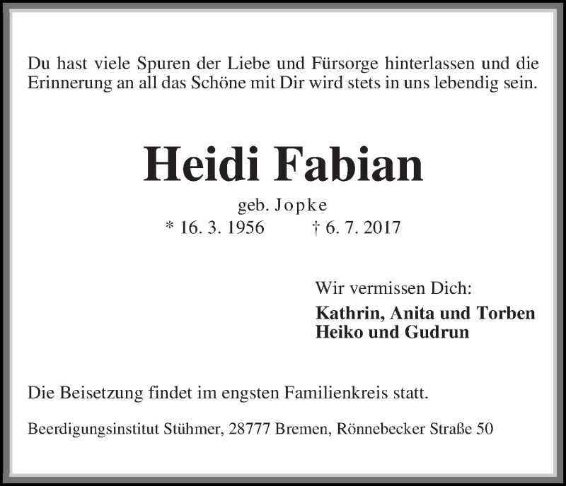 Traueranzeige von Heidi Fabian von Die Norddeutsche