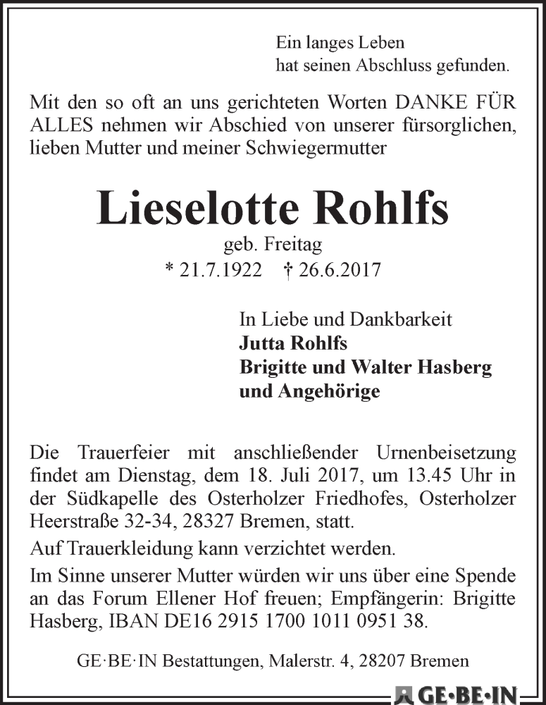 Traueranzeige von Lieselotte Rohlfs von WESER-KURIER