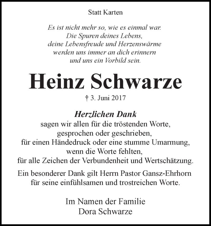 Traueranzeige von Heinz Schwarze von WESER-KURIER