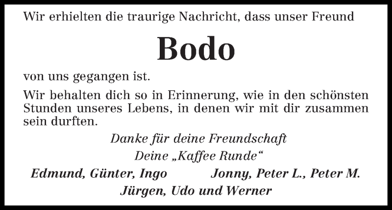 Traueranzeige von Bodo Schulz von Osterholzer Kreisblatt