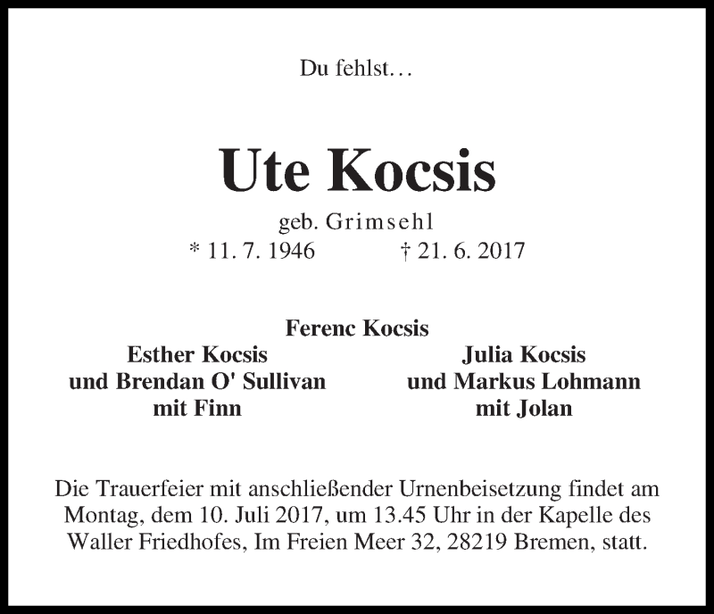 Traueranzeige von Ute Kocsis von WESER-KURIER